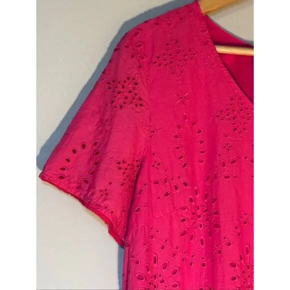 Talbots Size 16 Embroidered Eyelet Lace Tee Shirt Dress Hot Pink Spring Vacation - Picture 8 of 15
